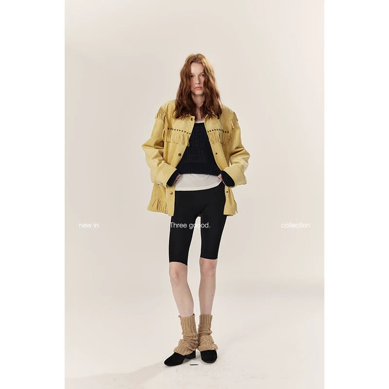 THREE GOOOD/三吉古着灵感复古铆钉流苏重工麂皮绒外套Y725T13393