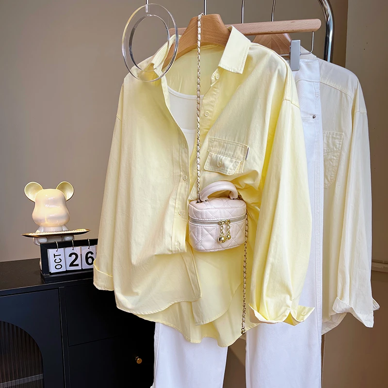 慵懒度假风~鹅黄色休闲防晒衬衫女夏薄款宽松时尚防晒衬衫女薄款