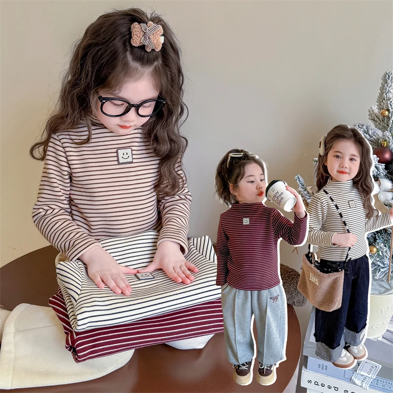 女童加绒打底衫加厚一体绒半高领儿童保暖上衣宝宝秋冬装2025新款