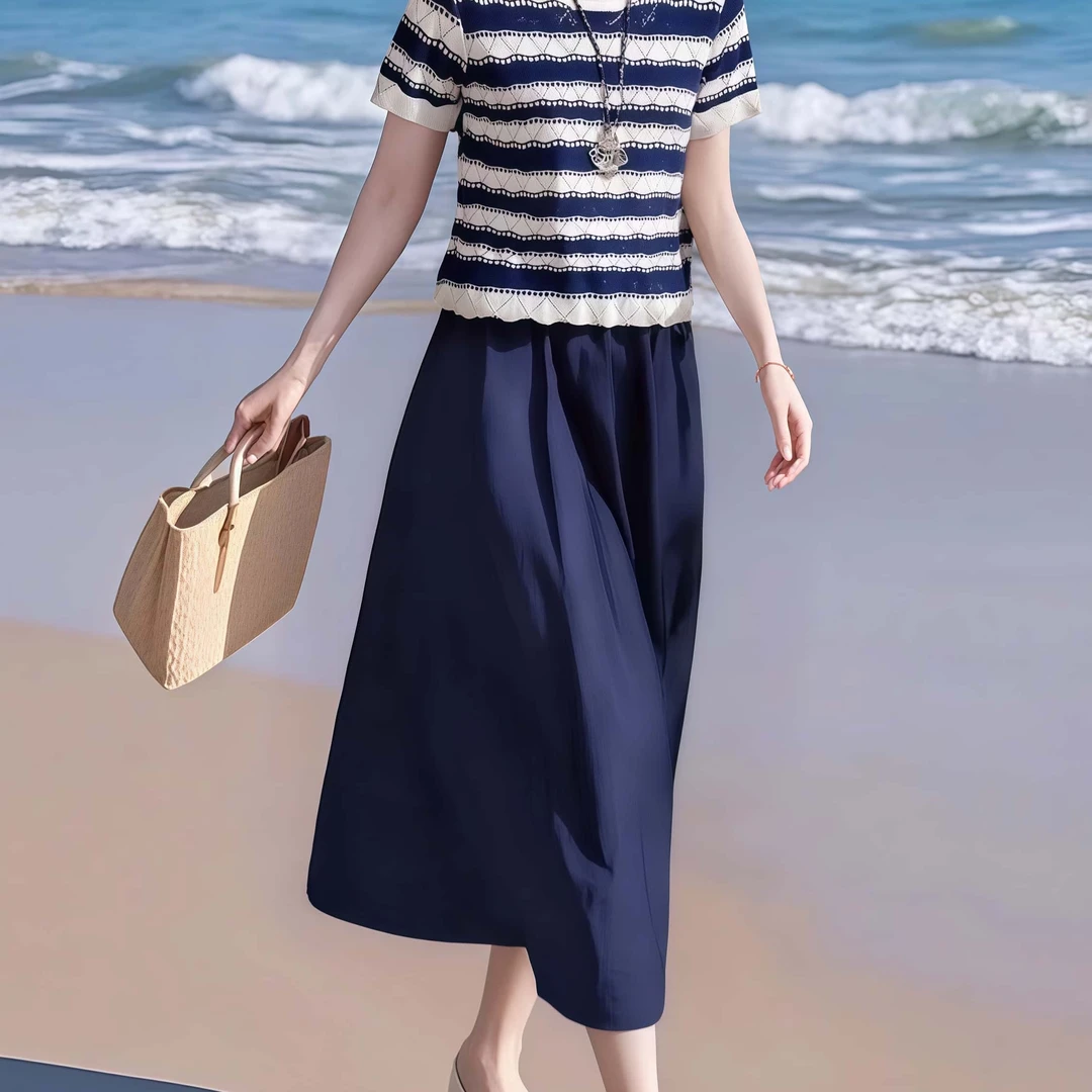 素雅订制女装原创品牌减龄天丝条纹上衣松紧腰半身裙两件套套装