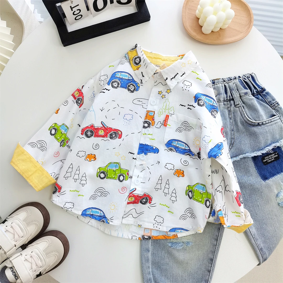 2025春秋装新款卡通男童纯棉长袖衬衫上衣小童装秋季儿童宝宝衬衣