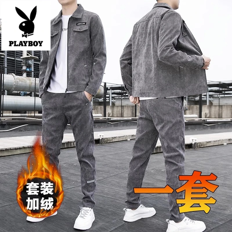 花花公子运动套装男款外套灯芯绒2025春秋夹克男士休闲长裤两件套