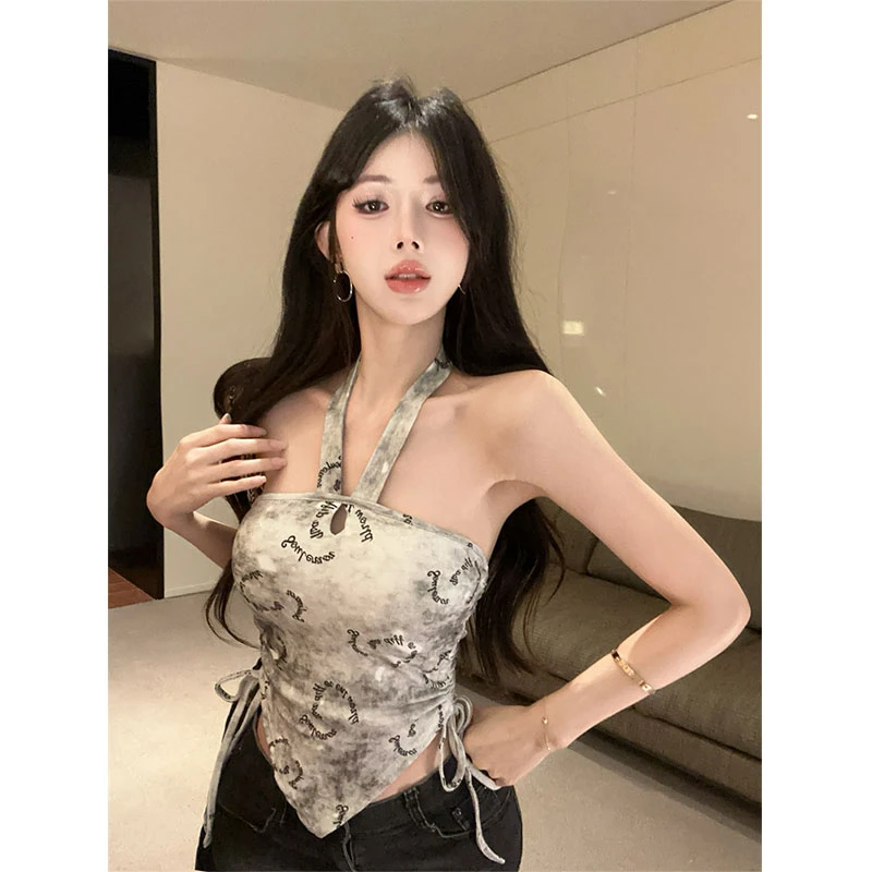 2025夏季新款辣妹不规则系带扎染涂鸦挂脖吊带背心百搭短裤两件套