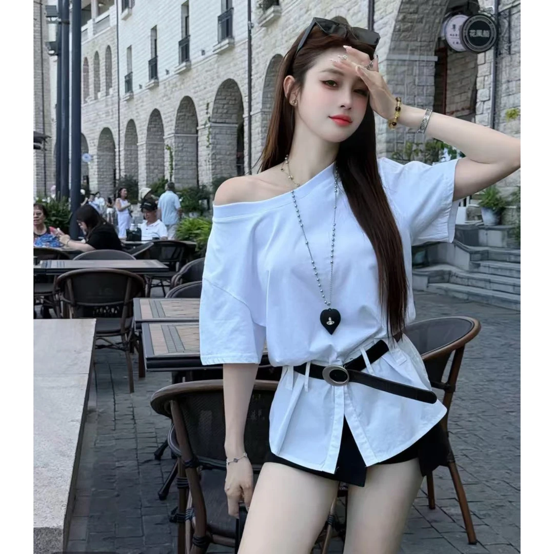 溪溪靓衫气质斜肩短袖T恤女2025夏季新款别致独特露肩裙裤两件套