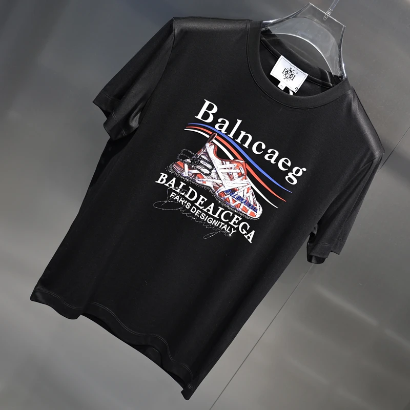 2025夏季新款薄款莫代尔老爹鞋印花彩色字母烫钻圆领修身弹力短袖