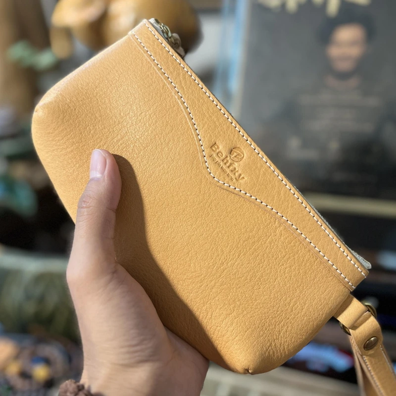 Behfxy 首饰袋 大容量文玩手拿包手机包mbox植鞣皮核桃手串收纳包