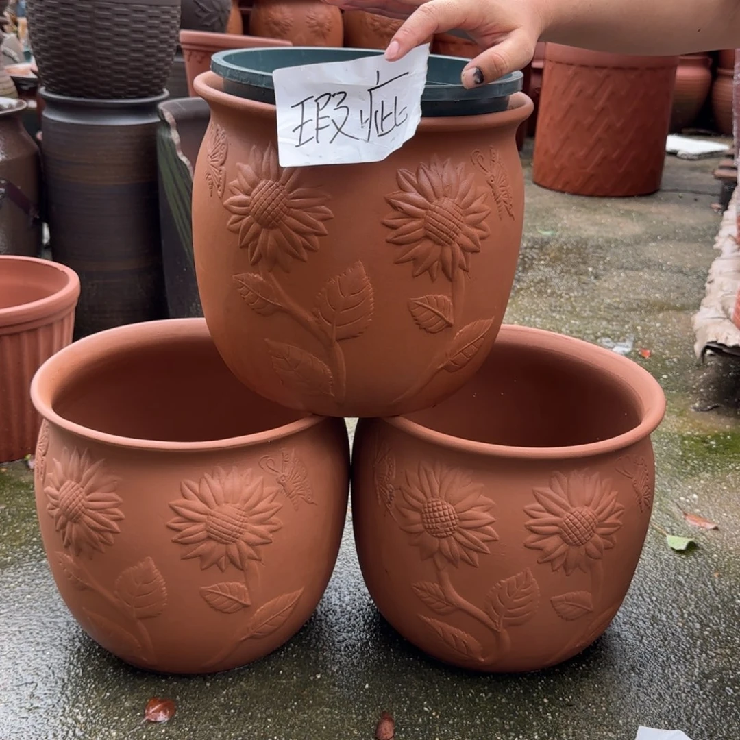 朱泥花盆口30高26宜兴紫砂瑕疵粗糙花泥
