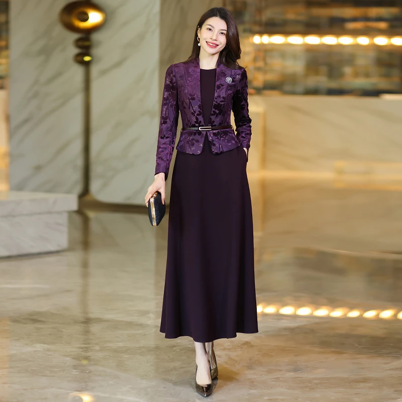 紫色加厚毛呢连衣裙女2025秋冬新款修身长裙百搭打底保暖裙子