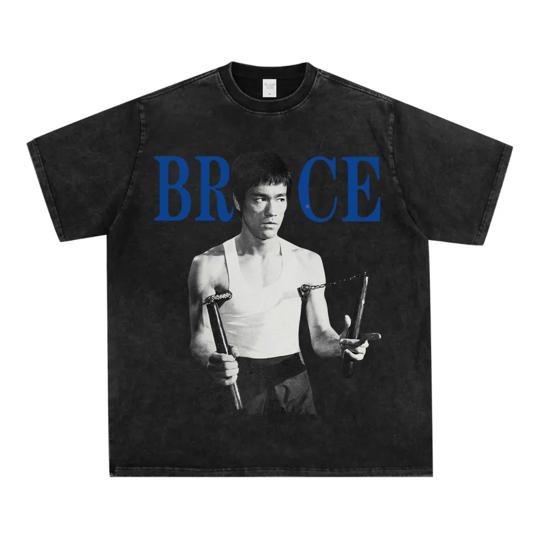 美式李小龙复古印花短袖T恤男潮流纯棉重磅宽松夏季高街半袖上衣