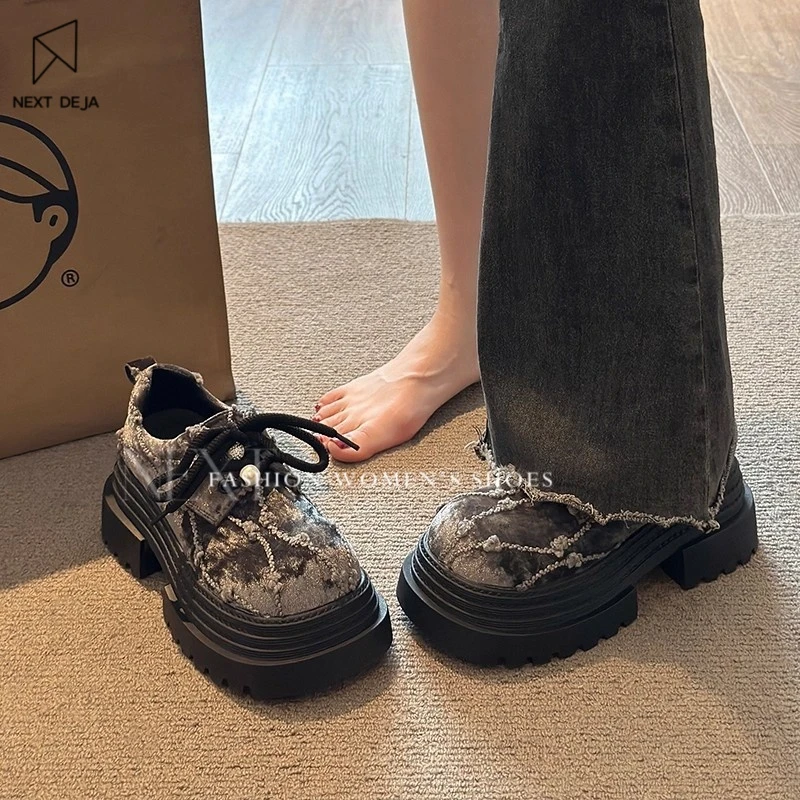 复古大头系带小皮鞋女配裙子2025秋季新款法式单鞋松糕厚底乐福鞋