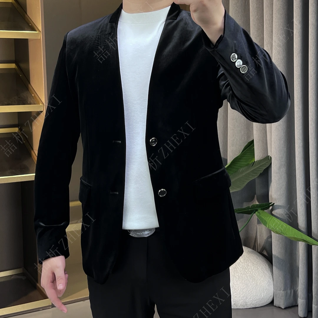 25秋季新款高定英伦雅痞无领丝绒西服黑色小西装秋冬休闲