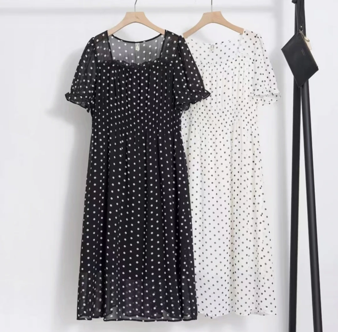 18591（15）气质连衣裙裙子黑白圆点波点圆领夏季显瘦女装长裙方领