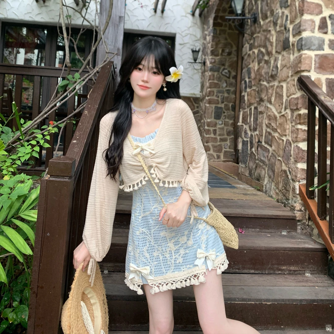 Blovelan蓝野清瓷 穗花针织系带罩衫+性感活力吊带短裙套装