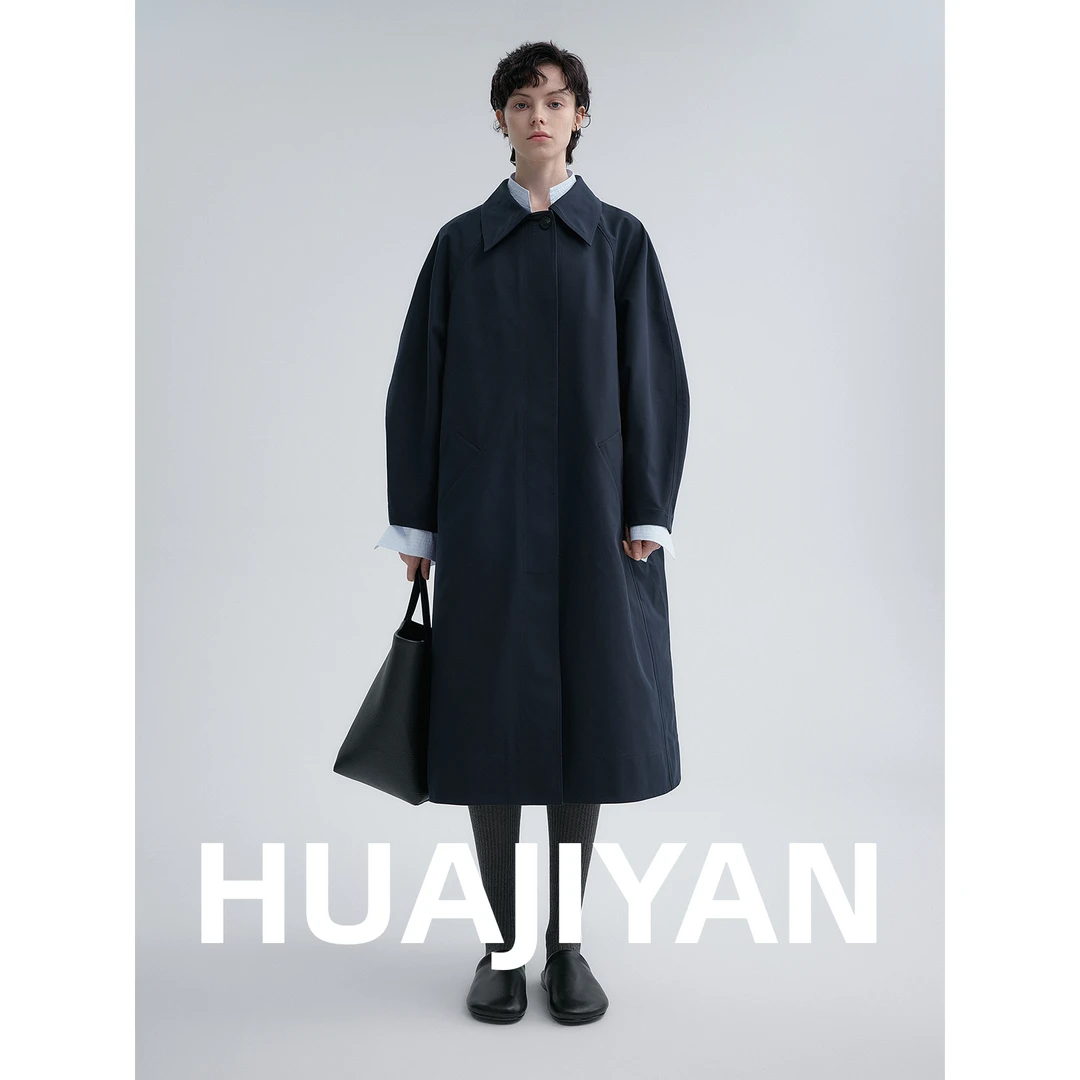 华吉言/HUAJIYAN【瓦尔登】经典百搭隐藏式门襟长款直身风衣外套