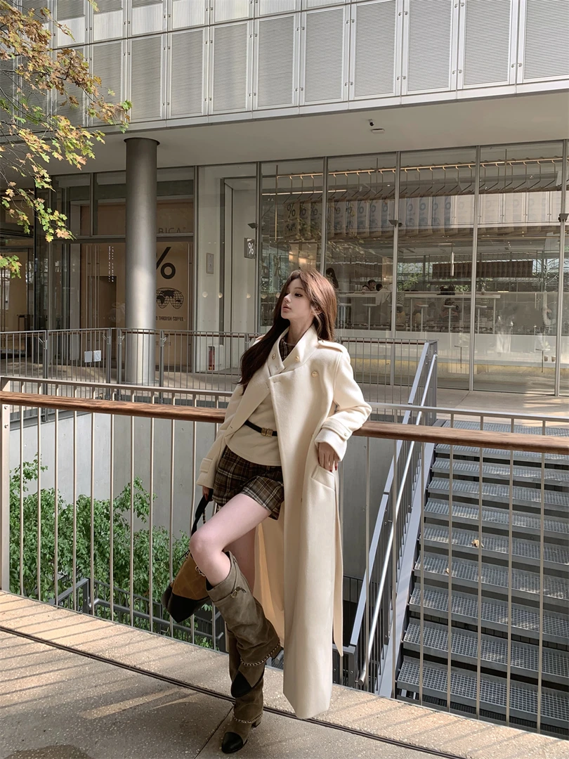 白色气质立领双排扣毛呢外套女冬季chic高级感宽松中长款呢子大衣