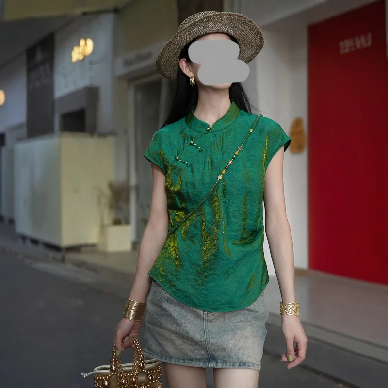 2025新中式国风夏季新款时尚百搭鎏金气质轻薄显瘦无袖轻奢上衣女