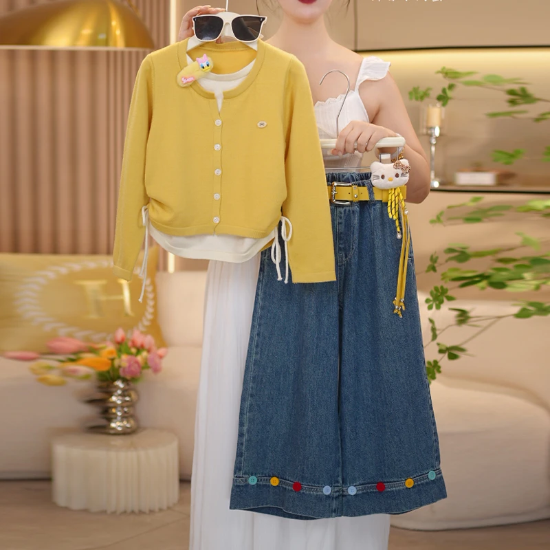 【闺蜜家】女童秋季2025新款时尚潮韩系假两件毛衣+牛仔裤套装-8738