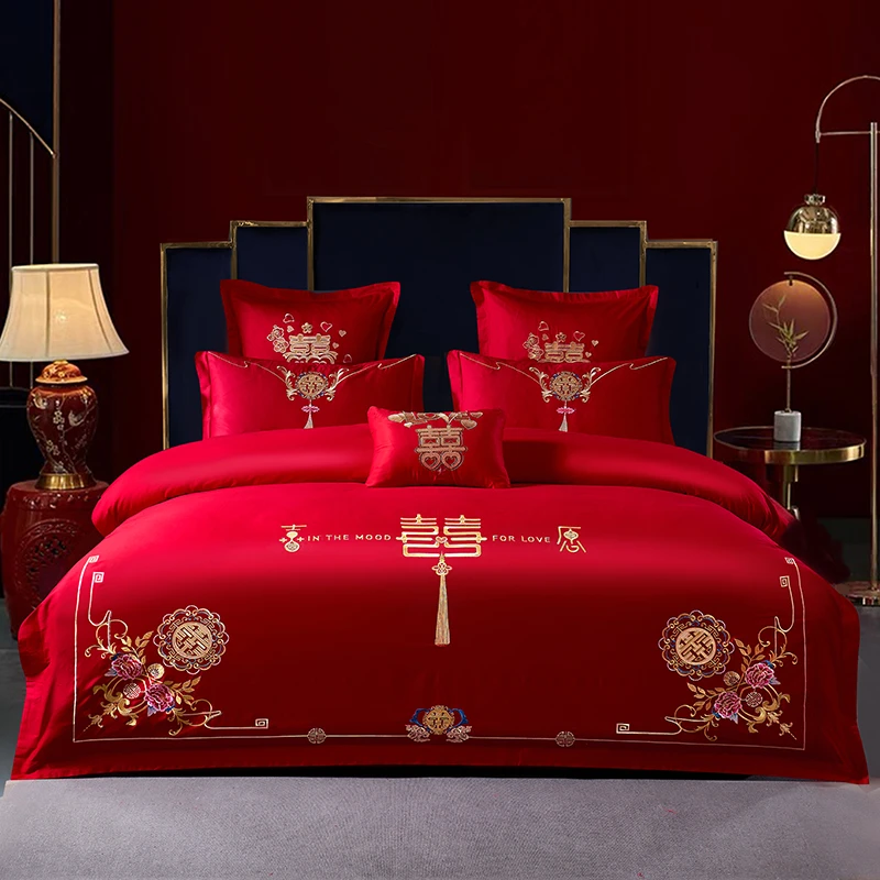 婚庆家纺全棉适用婚庆刺绣被套婚嫁床单新婚四件套纯棉床上用品4