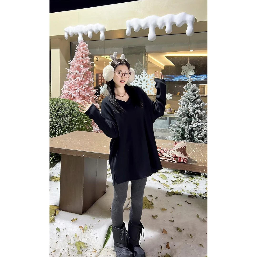 【现货】63加绒大码净版打底衫8880气质显瘦百搭休闲新款秋冬V领