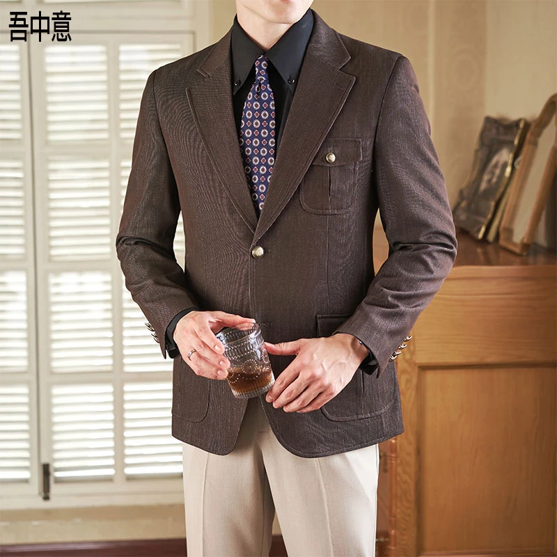高级感男士西装外套韩版修身春秋商务时尚百搭大口袋装饰休闲西服