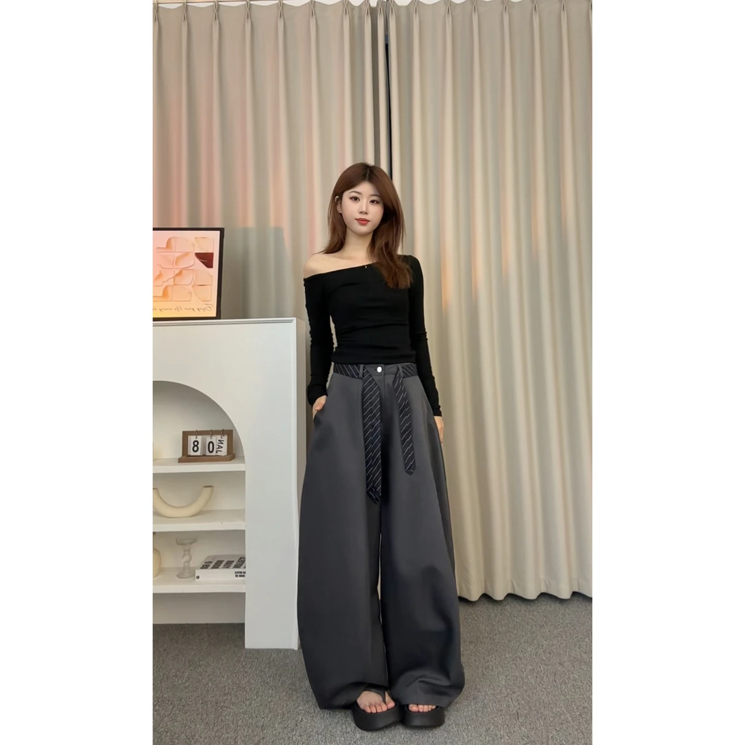 （送腰带）欧货高级感2025流行爆款高腰宽松直筒拖地阔腿