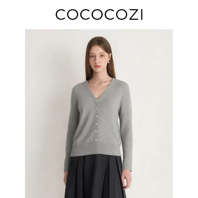 【COCOCOZI】纯羊毛V领慵懒风针织开衫宽松显瘦百搭毛衣253CO532M
