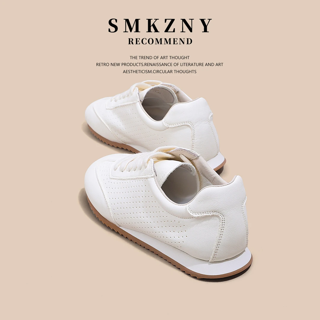 头层牛皮小白鞋夏薄款百搭透气真皮镂空休闲阿甘德训板鞋-LSM1002