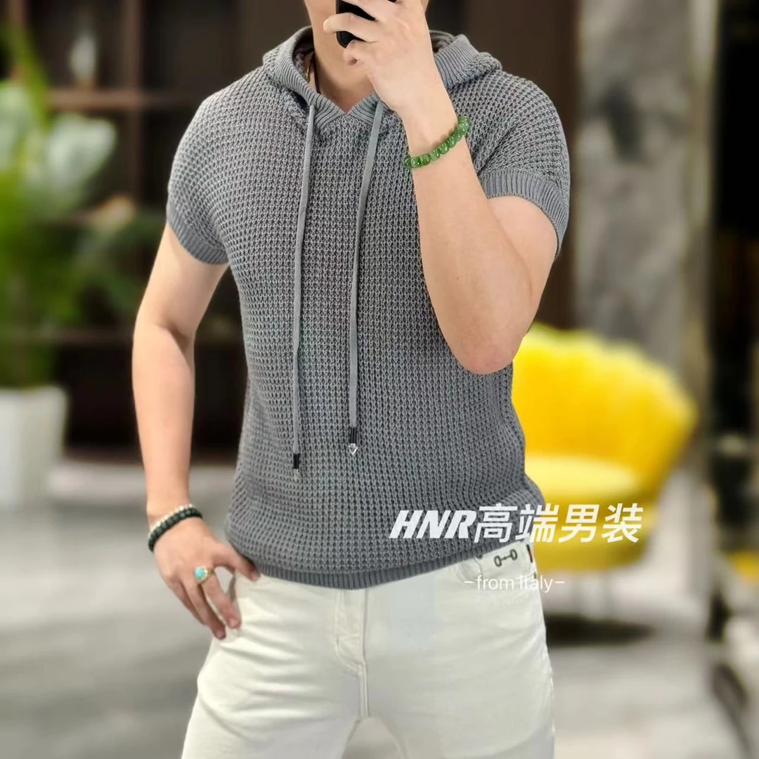 连帽抽绳款镂空百搭图案新款男士翻领休闲时尚短袖针织T恤8009