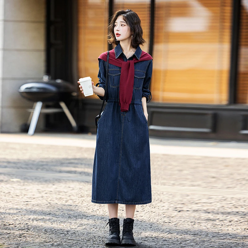 2025秋季新款复古气质长袖宽松显瘦牛仔存款连衣裙 配披肩 E926