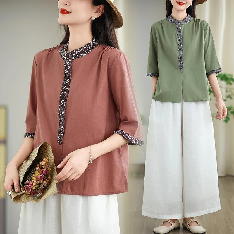 外贸出口日单外单亚麻衬衫女复古文艺宽松百搭休闲五分袖圆领上衣