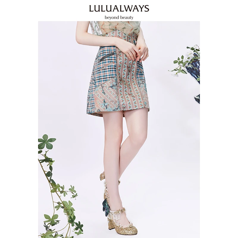 LULUALWAYS夏季腰封镶钻女装印花撞色A版半身裙LMB4070