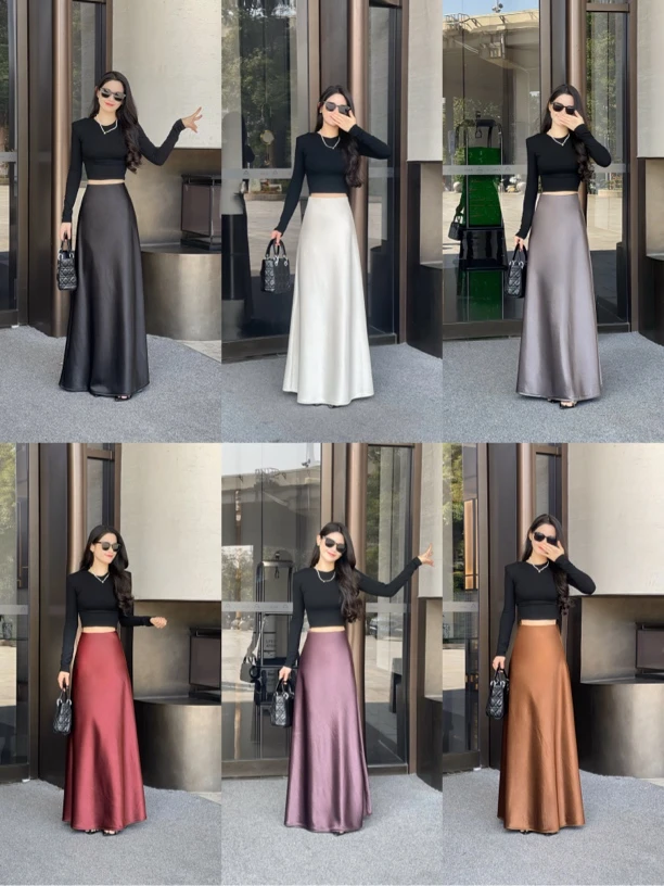 【郑米推荐】秋冬新款百搭显瘦高腰A版松紧腰缎面丝滑加绒半身长裙