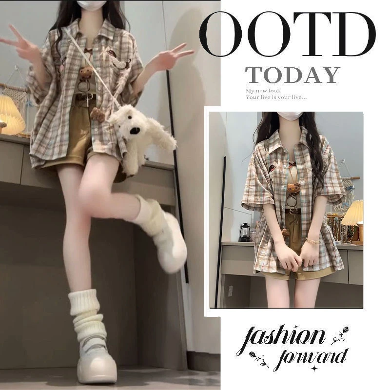 2025夏季新款日系温柔学院风格纹短袖衬衫吊带上衣搭配短裤三件套