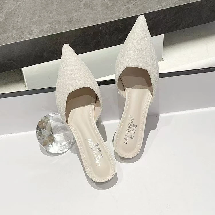 2025年春季新款包头半拖鞋女百搭粗跟低跟懒人尖头浅口单鞋潮女夏