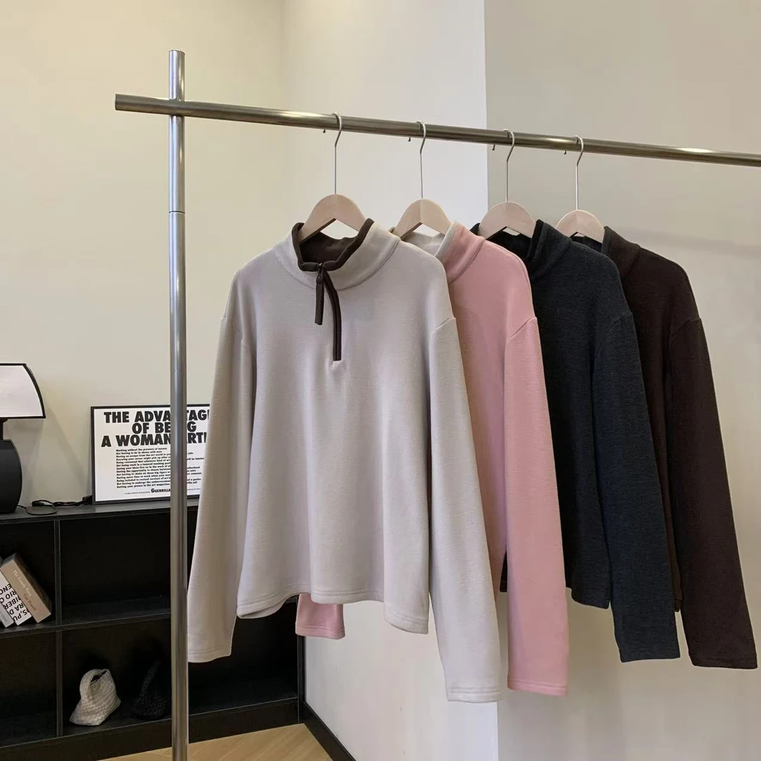 素心轻奢 韩版立领半拉链舒适长袖上衣德绒打底衫12766