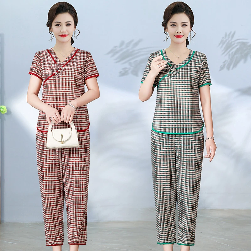 中老年妈妈装夏季时尚格子短袖上衣宽松气质洋气复古减龄休闲套装