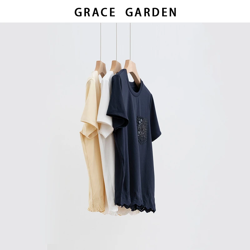 GRACE GARDEN【口袋T！】口袋刺绣下摆蕾丝花边短袖T恤NT5F1752
