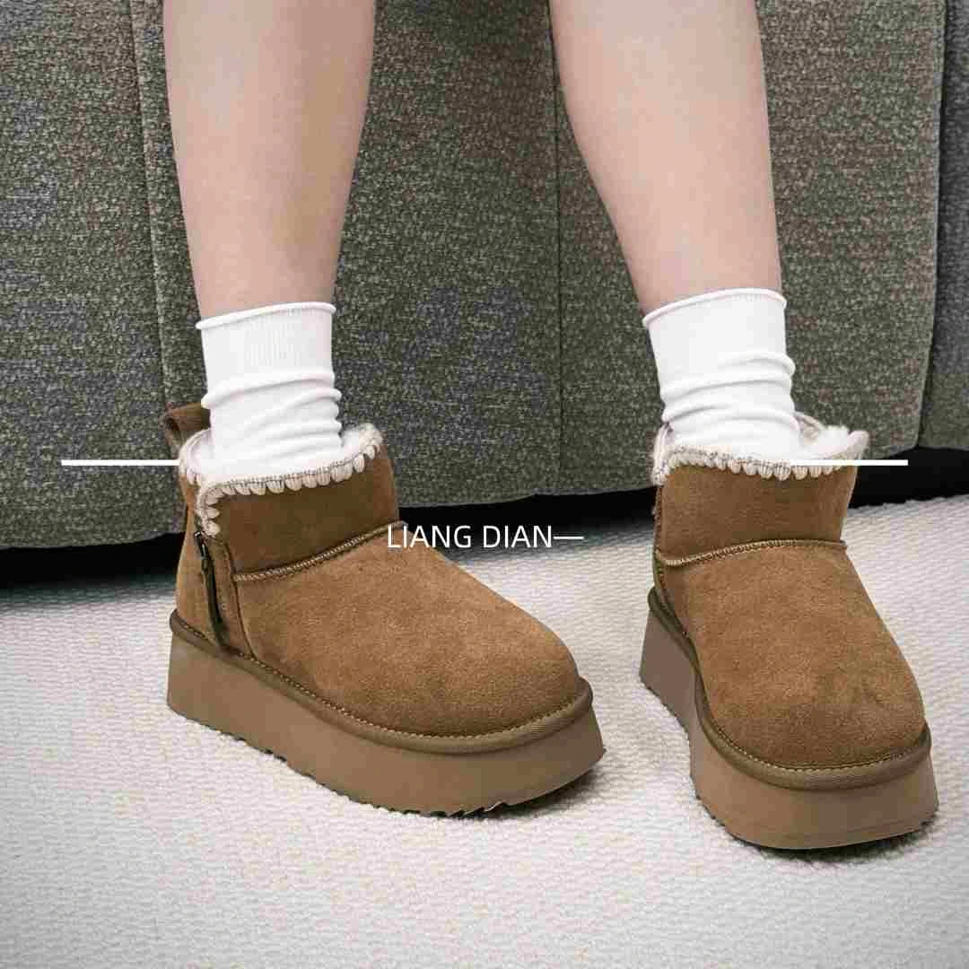 [靓典]可爱裙边真皮短筒雪地靴加绒保暖40-140