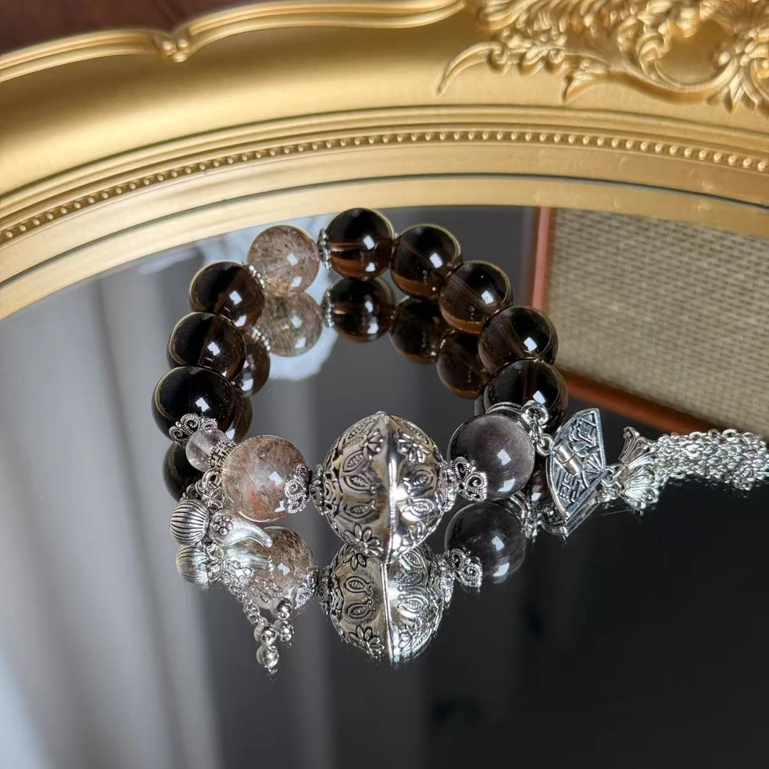 「银瓜」银曜石黑金超七茶水晶手串手链 颜色微差多样性发其一F364