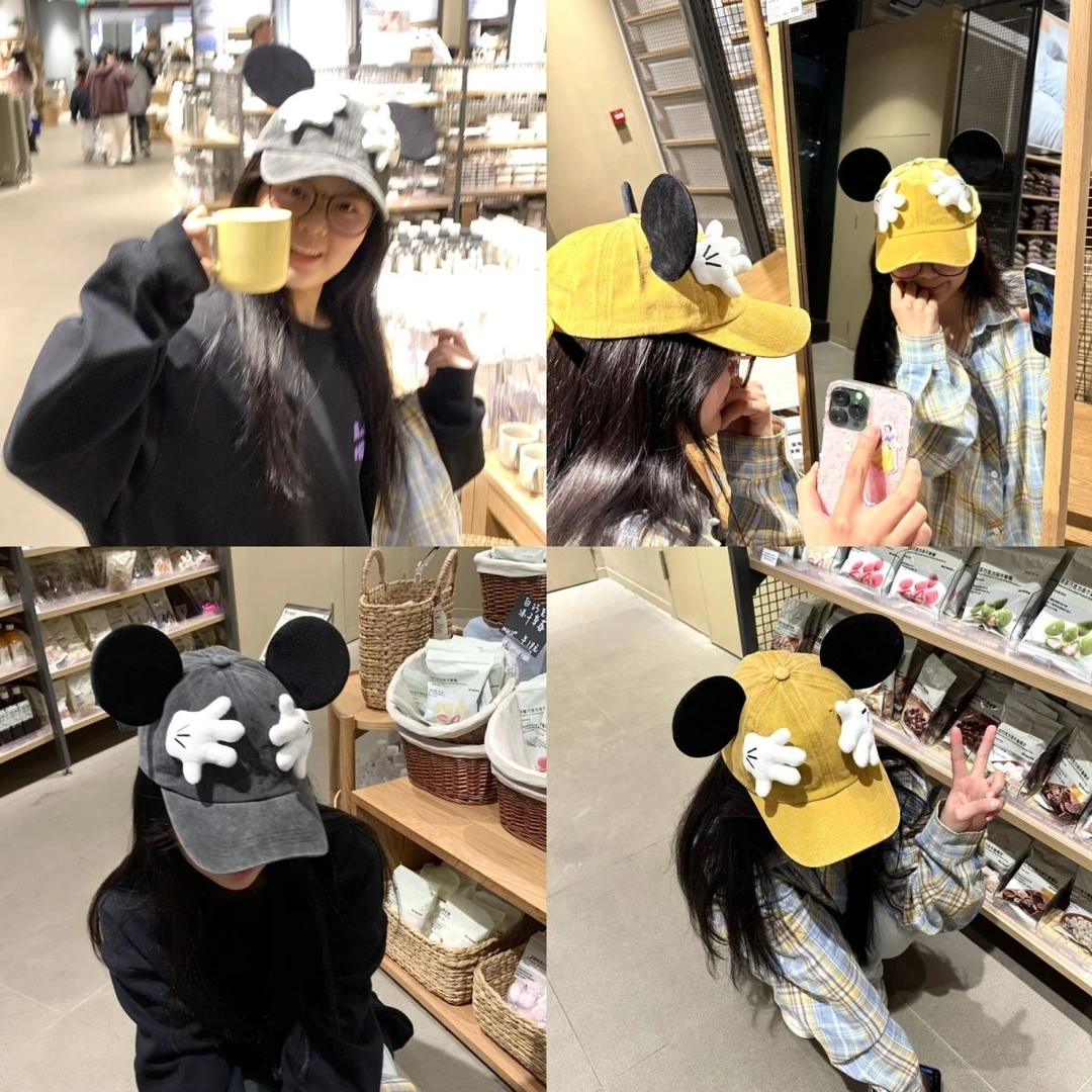 亲子原创卡通毛绒可爱耳朵米奇造型设计自制保暖鸭舌帽帽子棒球帽