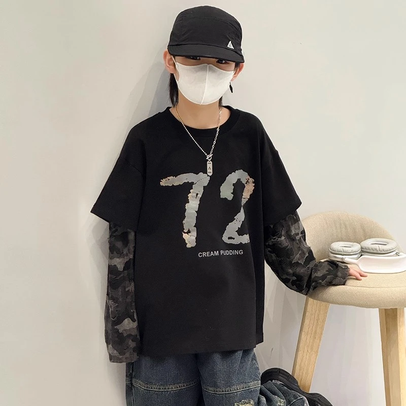 男童长袖t恤春秋款2025新款儿童春装上衣中小童装假两件打底衫潮