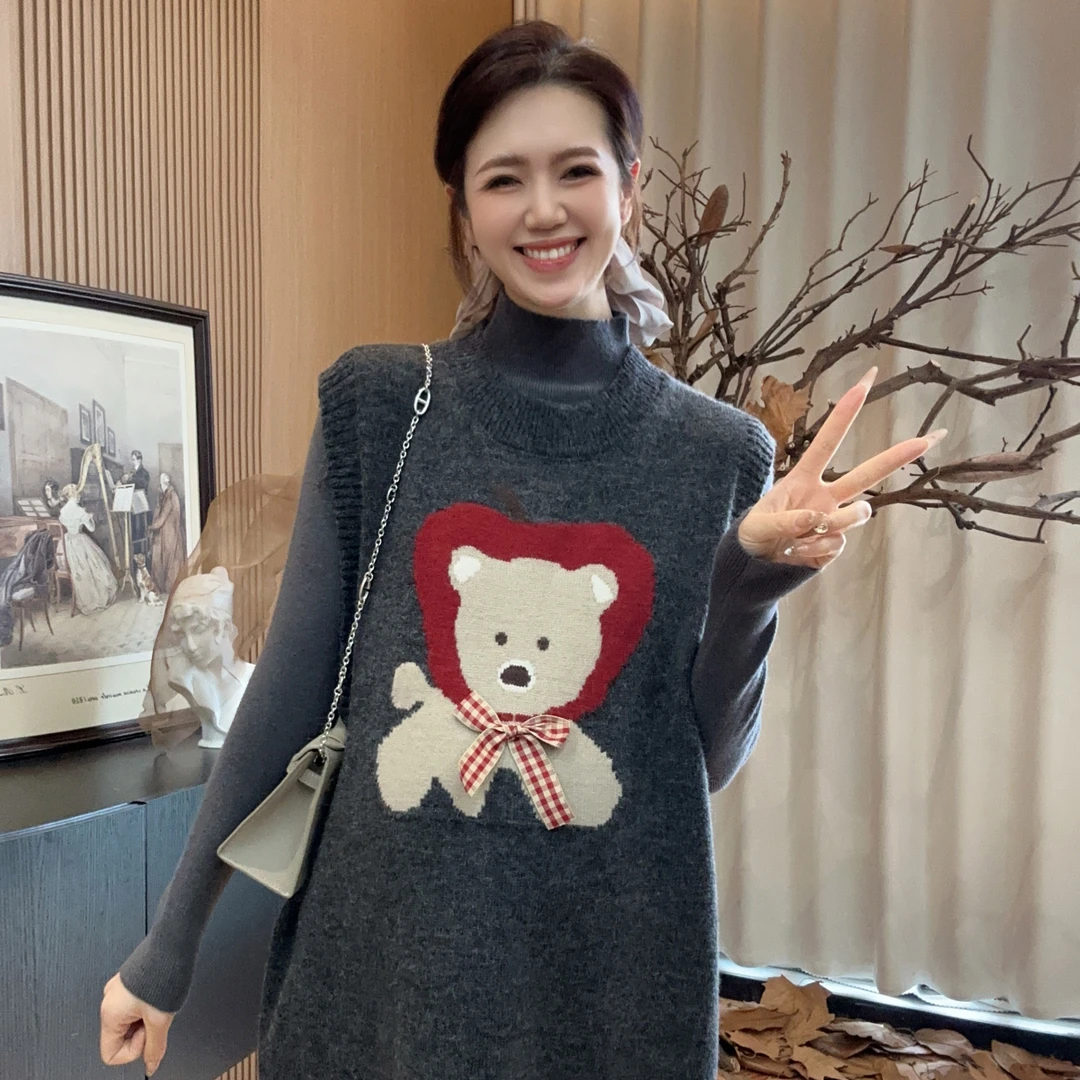 Zoey孕妇装［萍萍安安］秋冬针织加厚打底搭配卡通背心连衣裙套装