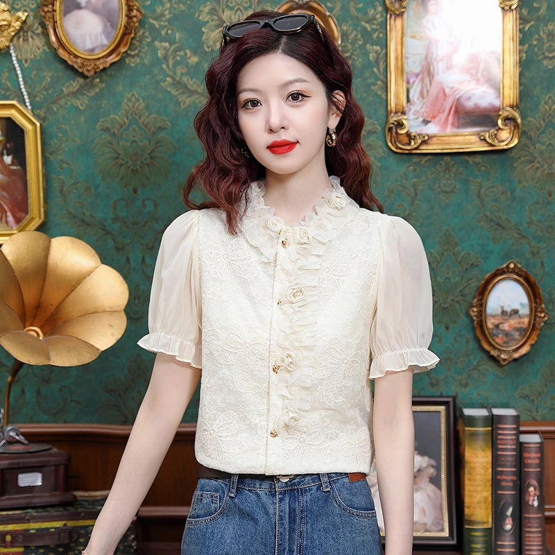 法式宫廷风荷叶边雪纺衬衫女2025年夏季新款立领刺绣小衫短袖上衣