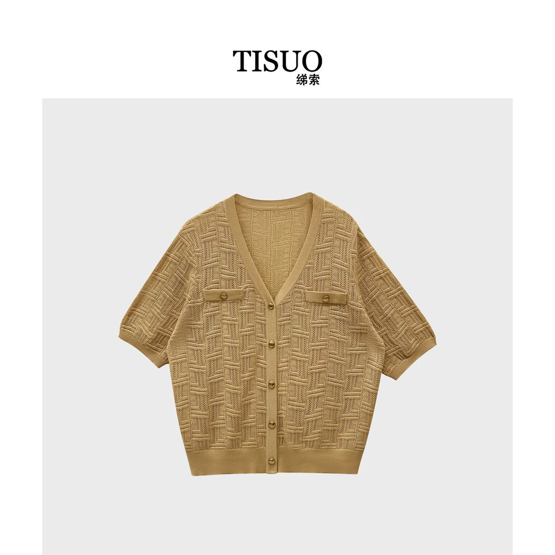 TISUO/绨索法式V领勾花定制纱线针织上衣 TS841218