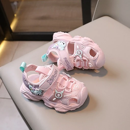 库洛米夏季女童凉鞋实心软底公主鞋女孩子圆头包头鞋子运动女宝鞋