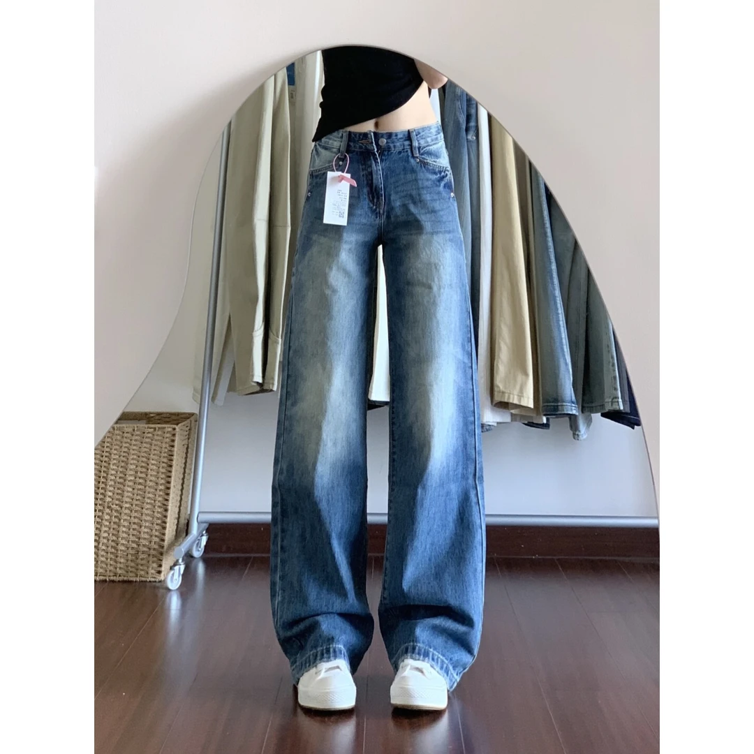 蓝色低腰牛仔裤女2025年秋季新款美式复古宽松显瘦阔腿直筒拖地裤