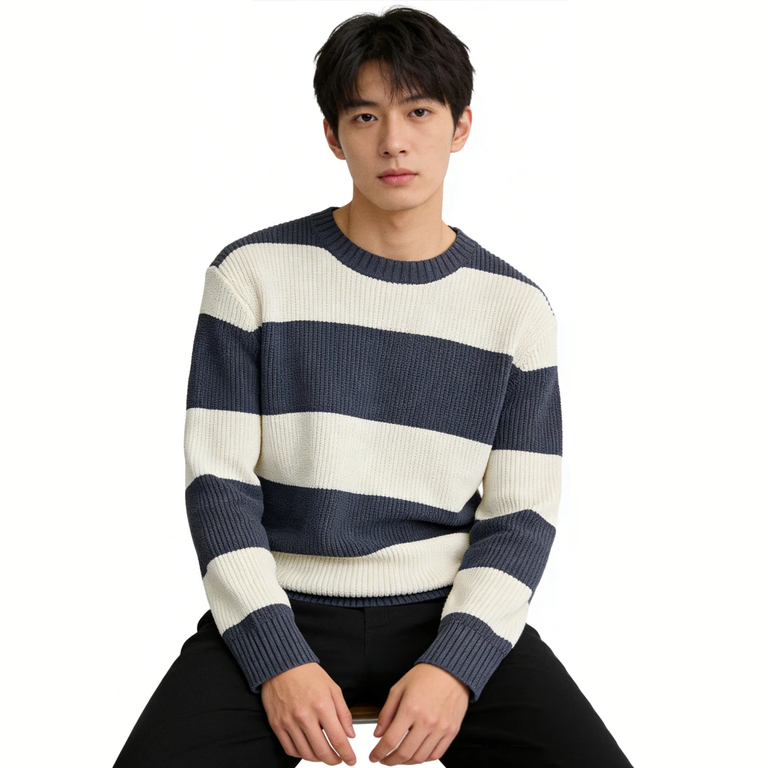 FNZAJ/33014A  男士条纹拼色针织毛衣（海）