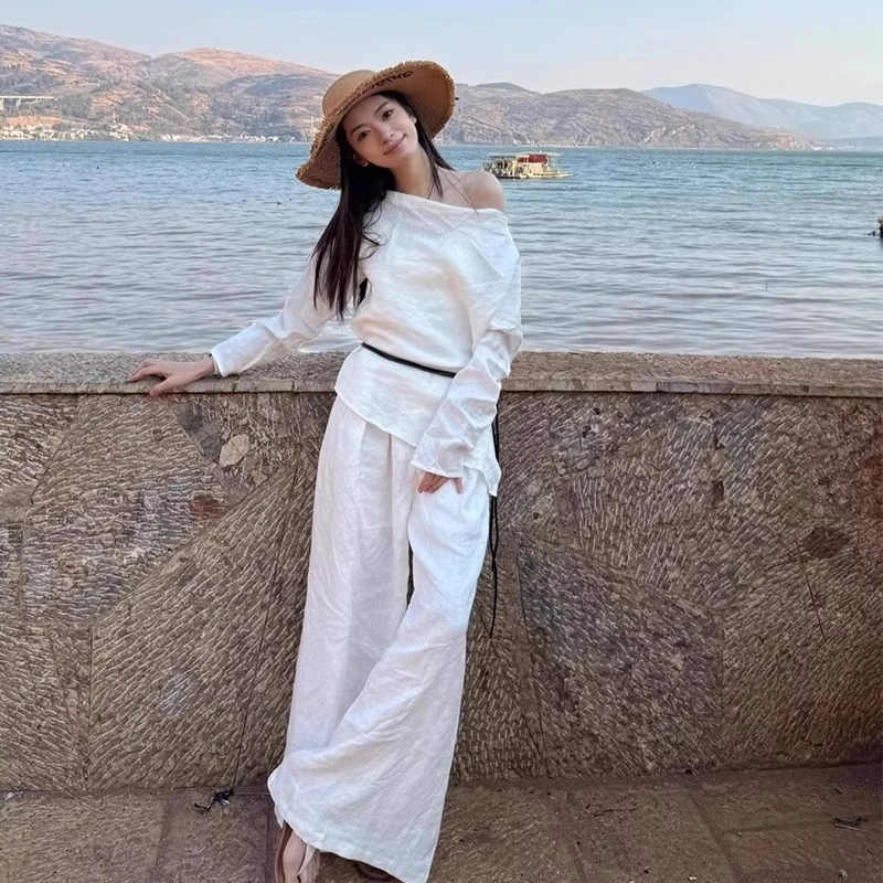 时尚松弛感套装女2025夏季韩系减龄斜领露肩上衣阔腿裤休闲两件套