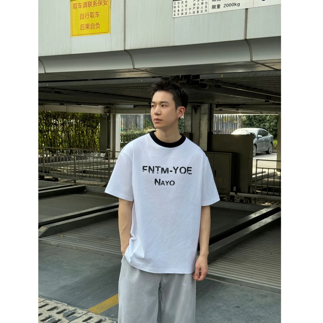 夏季新款重磅纯棉T恤夏季男撞色圆领打底字母印花正肩T恤
