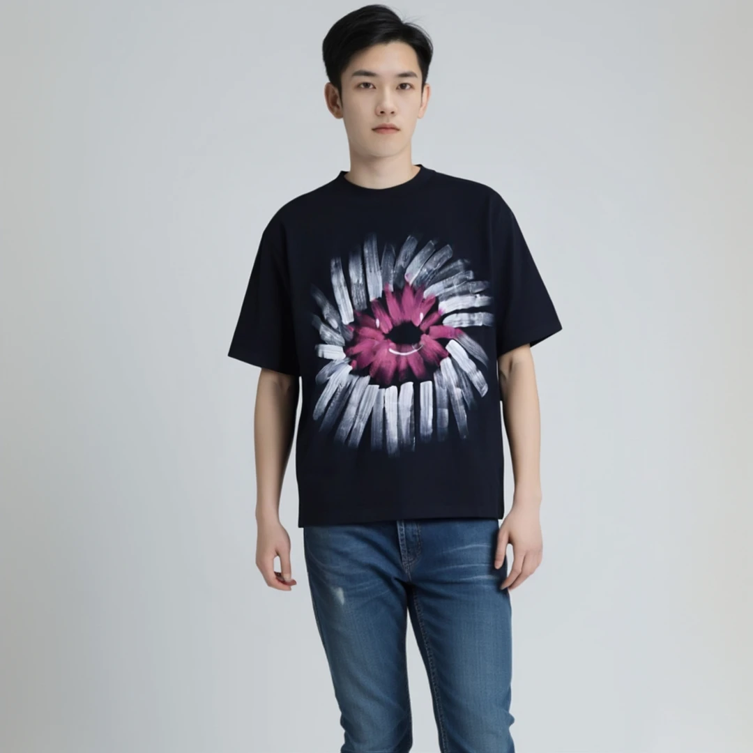 酷夏季高级感新款美式黑色印花短袖T恤重磅百搭潮流宽松套头上衣